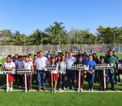 Con “Mundialito” que une a niños y niñas de comunidades inauguran nueva cancha de futbol 7 en Carlos A. Madrazo.