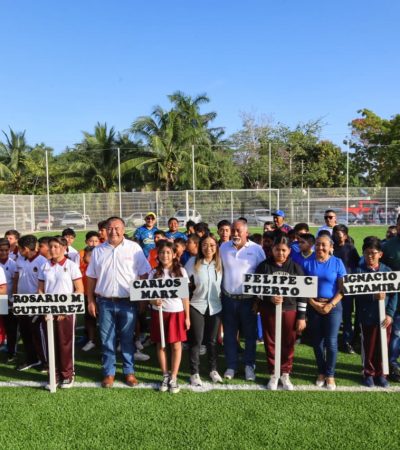 Con “Mundialito” que une a niños y niñas de comunidades inauguran nueva cancha de futbol 7 en Carlos A. Madrazo.