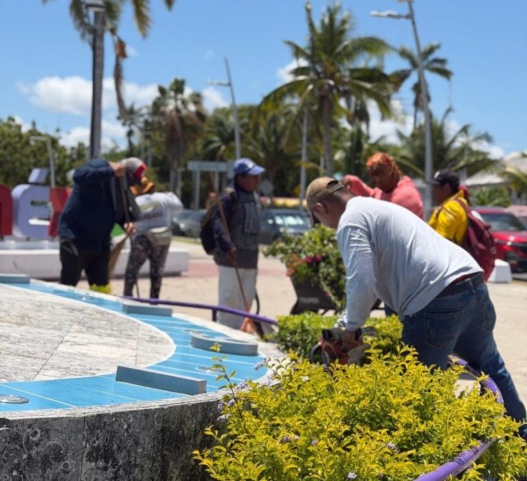 Brigada Bahía mantiene limpio y ordenado el Boulevard de Chetumal.